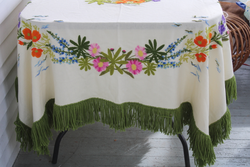 vintage crewel embroidery fringed wool shawl table cover, bohemian tablecloth w/ colorful flowers