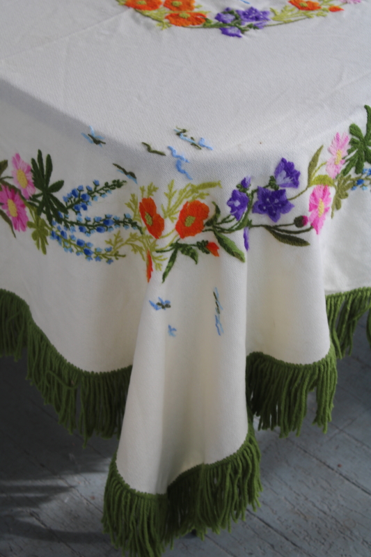 vintage crewel embroidery fringed wool shawl table cover, bohemian tablecloth w/ colorful flowers