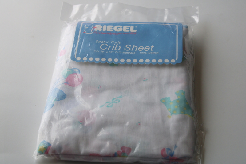 vintage crib sheet sealed package Riegel USA made all cotton fabric w/ baby animals balloon print