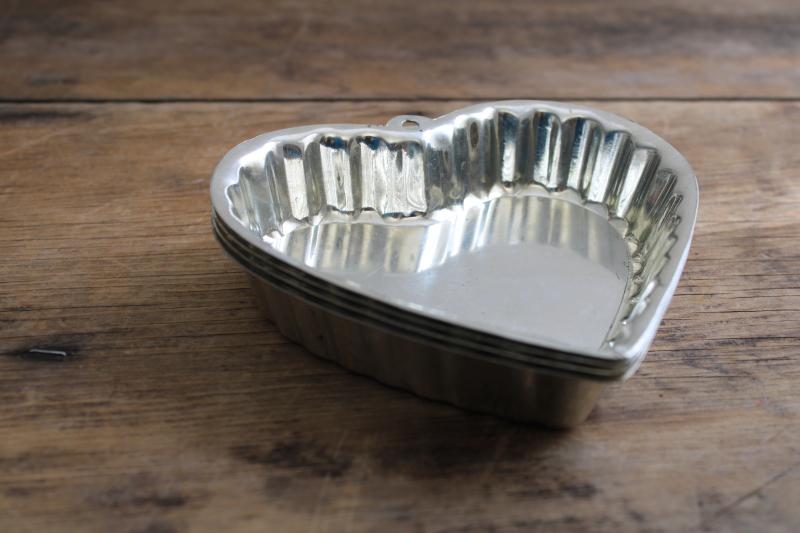 vintage crimped heart tin molds, individual tart or cake baking pans set