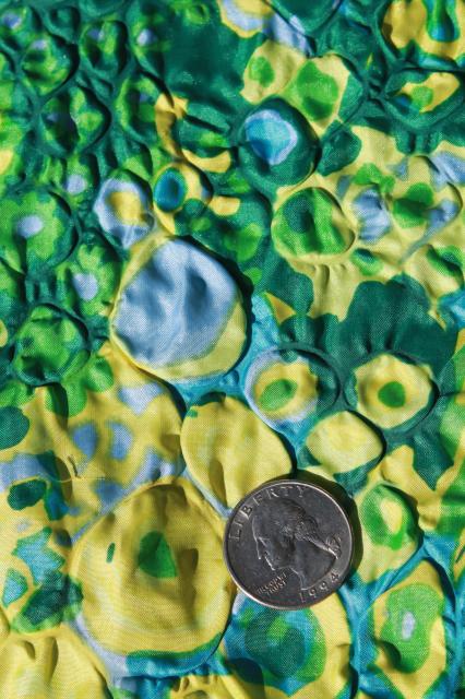 vintage crinkle pucker texture lightweight poly 'silk' fabric, green blue yellow floral