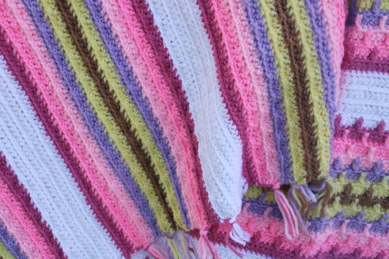vintage crochet afghan blanket, southwest style sunset colors pink lavender yellow w/ white
