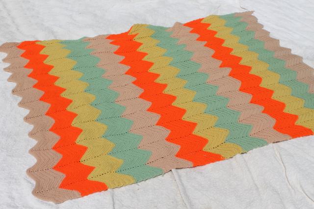 vintage crochet afghan, chevron ripple stripes in retro fall harvest colors