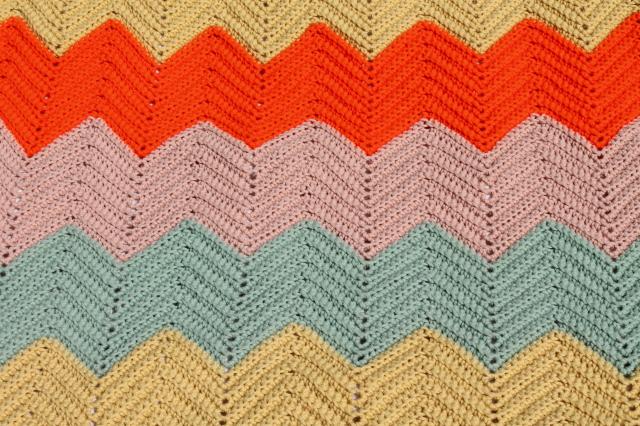 vintage crochet afghan, chevron ripple stripes in retro fall harvest colors