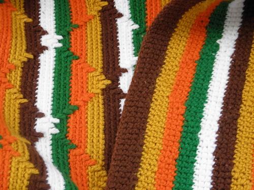 vintage crochet afghan or rug, Indian blanket stripes in retro colors