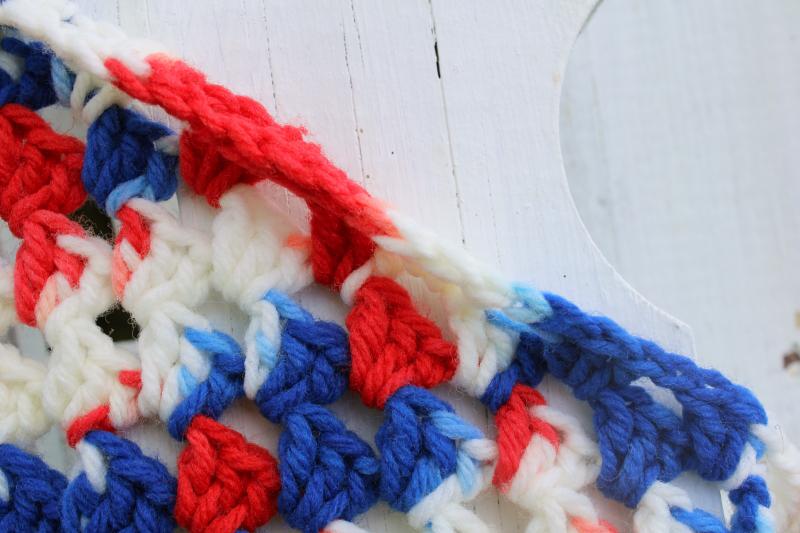 vintage crochet afghan square throw blanket American pride patriotic red white blue