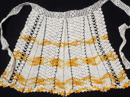 vintage crochet cotton kitchen aprons, colored thread and white lace