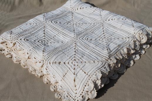 vintage crochet coverlet, handmade white cotton bedspread w/ crochet lace edging