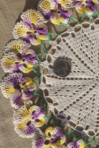 vintage crochet doily, crocheted flowers lace doily w/ pansies edging in colored cotton thread