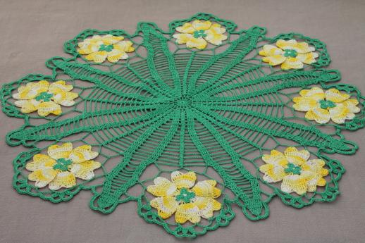 vintage crochet flower doily, green & yellow flowers cotton thread lace doily