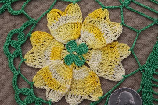 vintage crochet flower doily, green & yellow flowers cotton thread lace doily