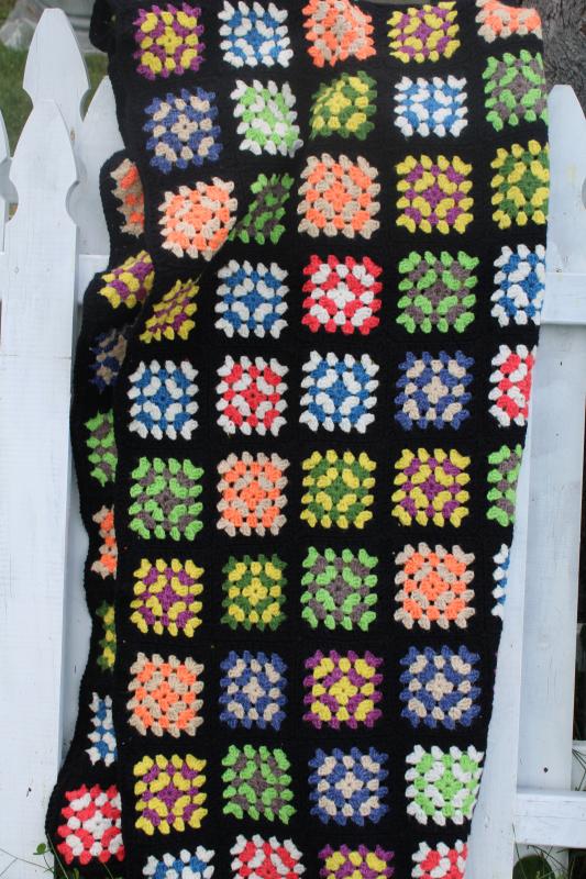 vintage crochet granny squares afghan blanket, acrylic yarn black w/ bright re