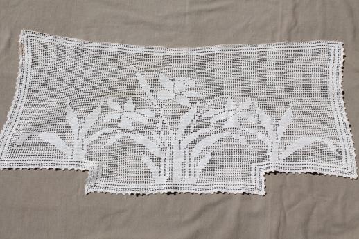 vintage crochet lace curtain valance panels w/ daffodils, cottage style lace curtains