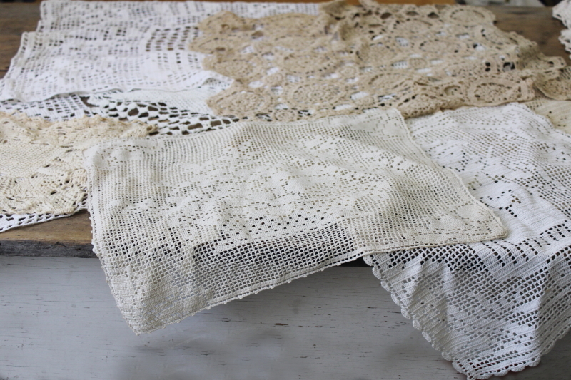 vintage crochet lace square rectangle doilies lot, pillow tops or tray / table mats