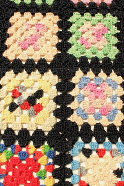 vintage crochet wool afghan blanket, black w/ bright colors granny squares