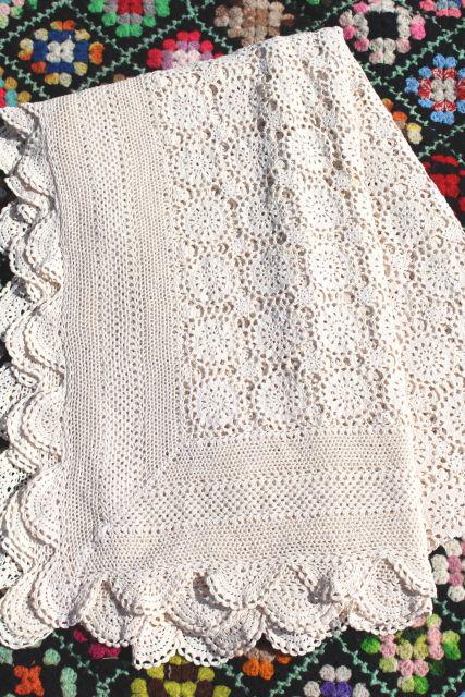 vintage crocheted cotton lace bedspread, crochet flower motifs ,shabby chic cottage style