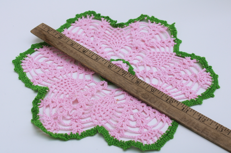 vintage crocheted doily, pink green flower crochet, girly boho retro cottage decor