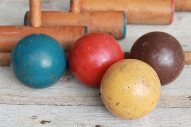 vintage croquet set, old wood croquet balls & mallets w/ wire caddy cart
