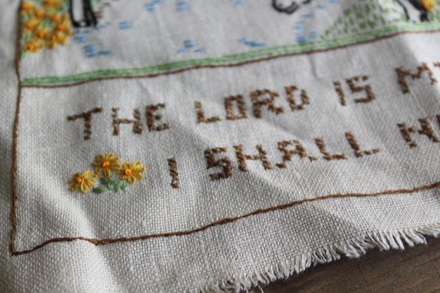 vintage cross stitch embroidered linen motto sampler The Lord is my Shepherd Psalm 23