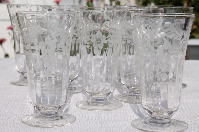 vintage crystal clear etched cut glass footed tumblers, 8 iced tea glasses paneled optic floral