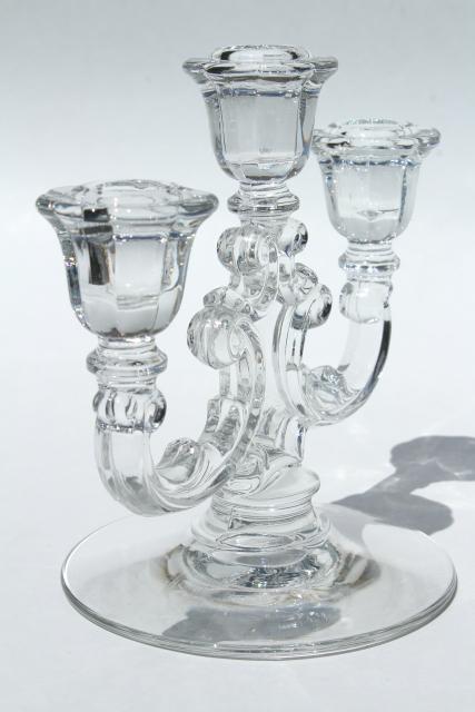 vintage crystal clear glass candelabra, Cambridge double light branched candlesticks