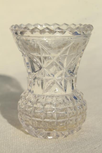vintage crystal clear pressed glass mini vases, match & toothpick holders