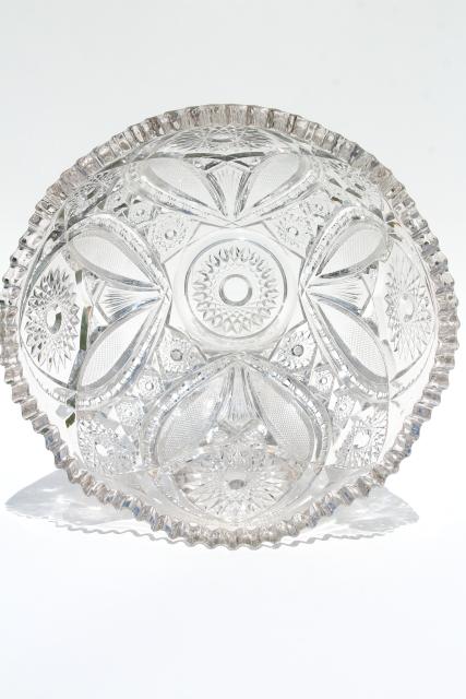vintage crystal clear pressed glass punch bowl and stand, whirling star pattern