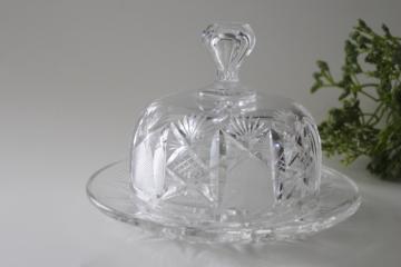 vintage cut crystal covered butter dish or cheese keeper, round plate w/ dome cover