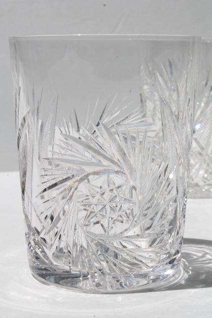 vintage cut crystal glass tumblers, whirling star pinwheel pattern old-fashioned glasses