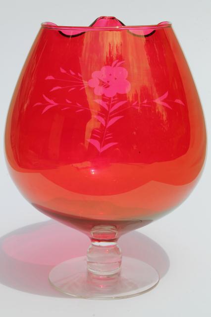 vintage cut glass cocktail pitcher, ruby flash stained color glass w/ clear foot