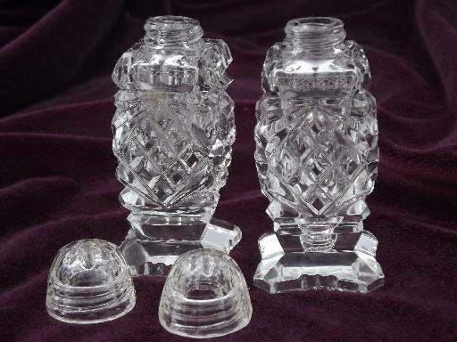 vintage cut glass salt & pepper shakers S&P set, screw on glass lids