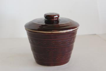 vintage daisy dot brown glazed stoneware grease jar, Marcrest Monmouth pottery