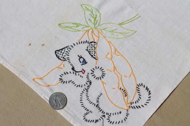 vintage days of the week embroidered cotton flour sack towels, puppies w/ fruit & veggies