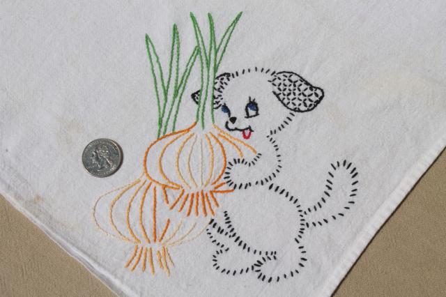 vintage days of the week embroidered cotton flour sack towels, puppies w/ fruit & veggies