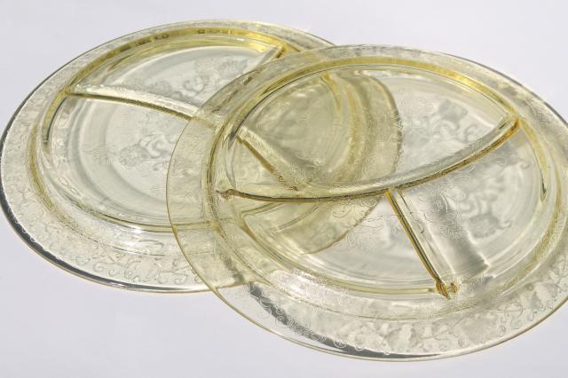 vintage depression glass grill plates, yellow glass divided plates Florentine poppy #2