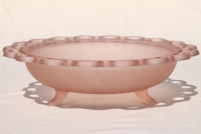 vintage depression glass, pink mist satin frosted glass bowl w/ open lace edge
