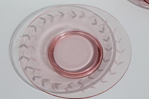 vintage depression pink glass salad or luncheon plates w/ etched laurel band border