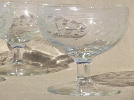 vintage dessert dishes set, crystal clear glass w/ etched laurel & lines