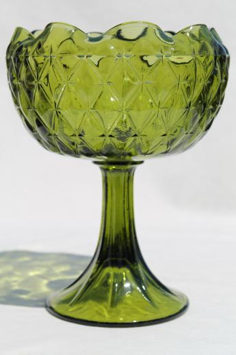 vintage diamond quilt pattern Indiana glass compote, retro green ivy bowl vase