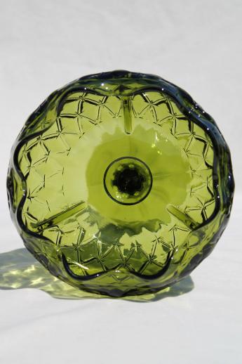 vintage diamond quilt pattern Indiana glass compote, retro green ivy bowl vase