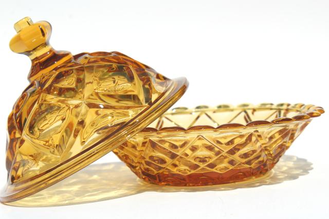 vintage diamond thumbprint pattern amber glass round covered butter dish