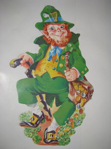 vintage die-cut paper window / wall decorations, leprechauns for St Patrick's Day
