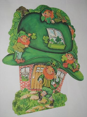 vintage die-cut paper window / wall decorations, leprechauns for St Patrick's Day