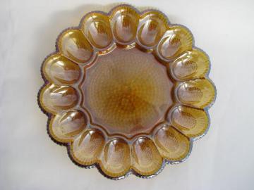 vintage divided glass egg plate tray, Indiana marigold carnival luster