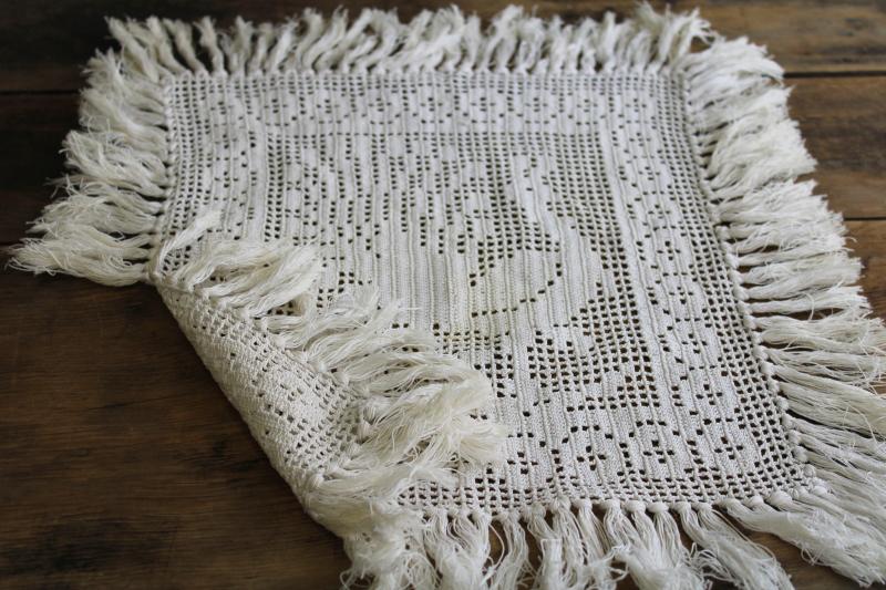 vintage doily or table mat, fringed peacock picture filet crochet cotton lace