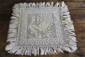 vintage doily or table mat, fringed peacock picture filet crochet cotton lace