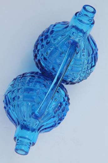 vintage double cruet, aqua blue waffle pattern glass joined bottle cruets
