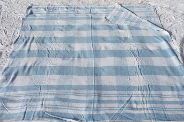 vintage double long fold over blankets, blue & white cotton / wool camp bunk blanket lot