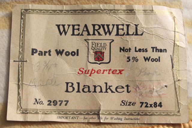vintage double long fold over camp blanket w/ original Wearwell paper label