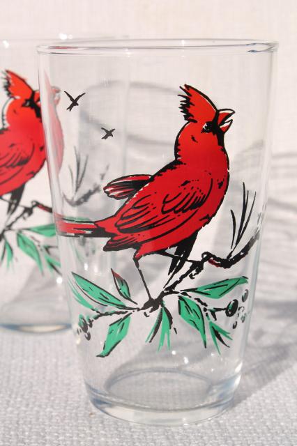 vintage drinking glasses, Christmas red cardinals bird print glass set of 8